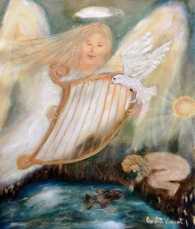 "9 CAPRICORN - AN ANGEL CARRYING A HARP / 9 CANCER - A SMALL NAKED GIRL BENDS OVER A POND TRYING TO CATCH A FISH" BY WISE OWL CHRISTINE VINCENT